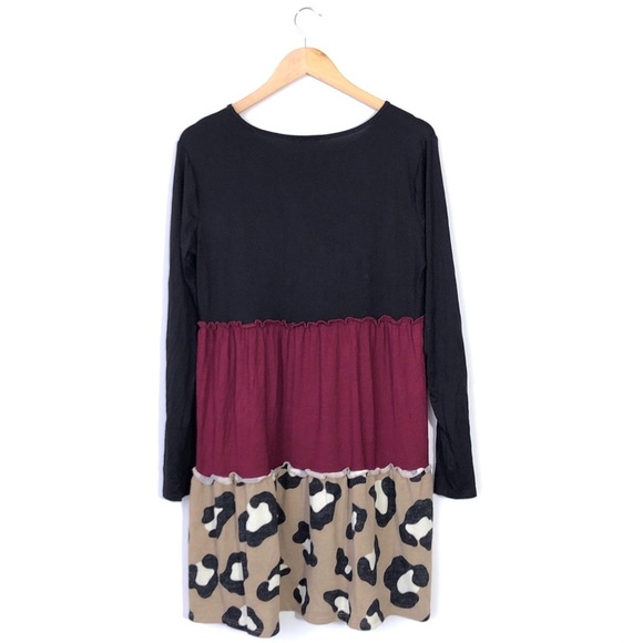Heimlish USA Black Red Leopard Animal Print Ruffle Long Sleeve Babydoll Dress M - Picture 2 of 4